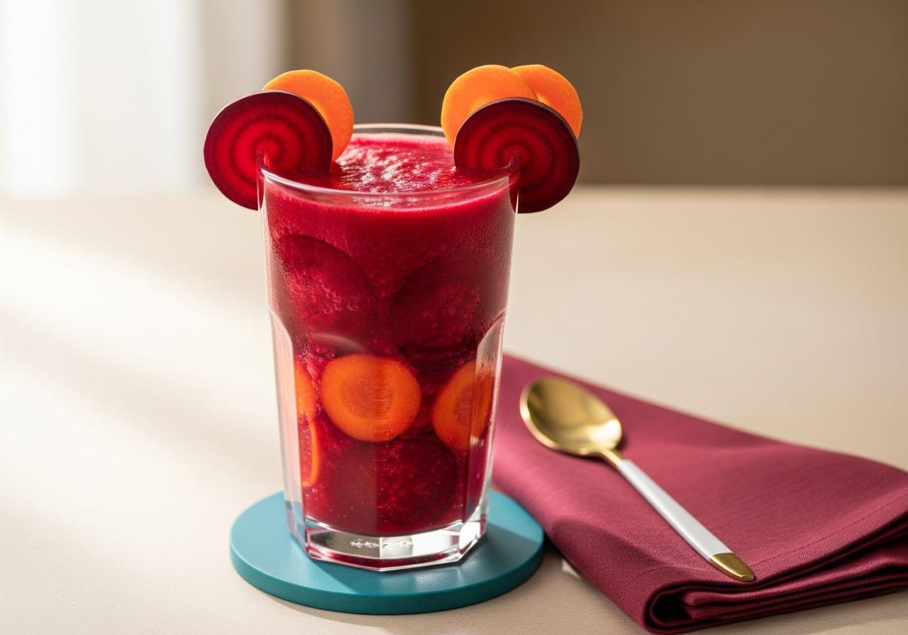 Bright red beet carrot smoothie in a glass.