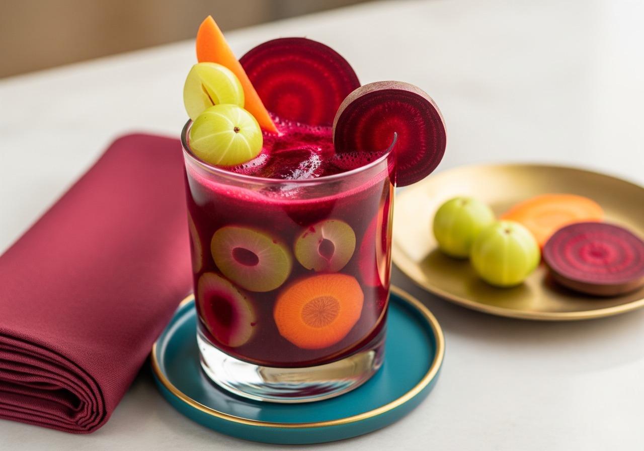Dark red beet, amla, and carrot juice.