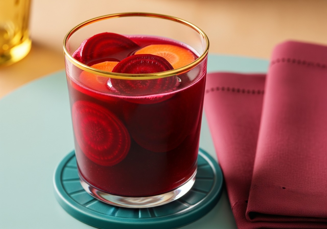 Deep red beet and carrot juice in a glass.