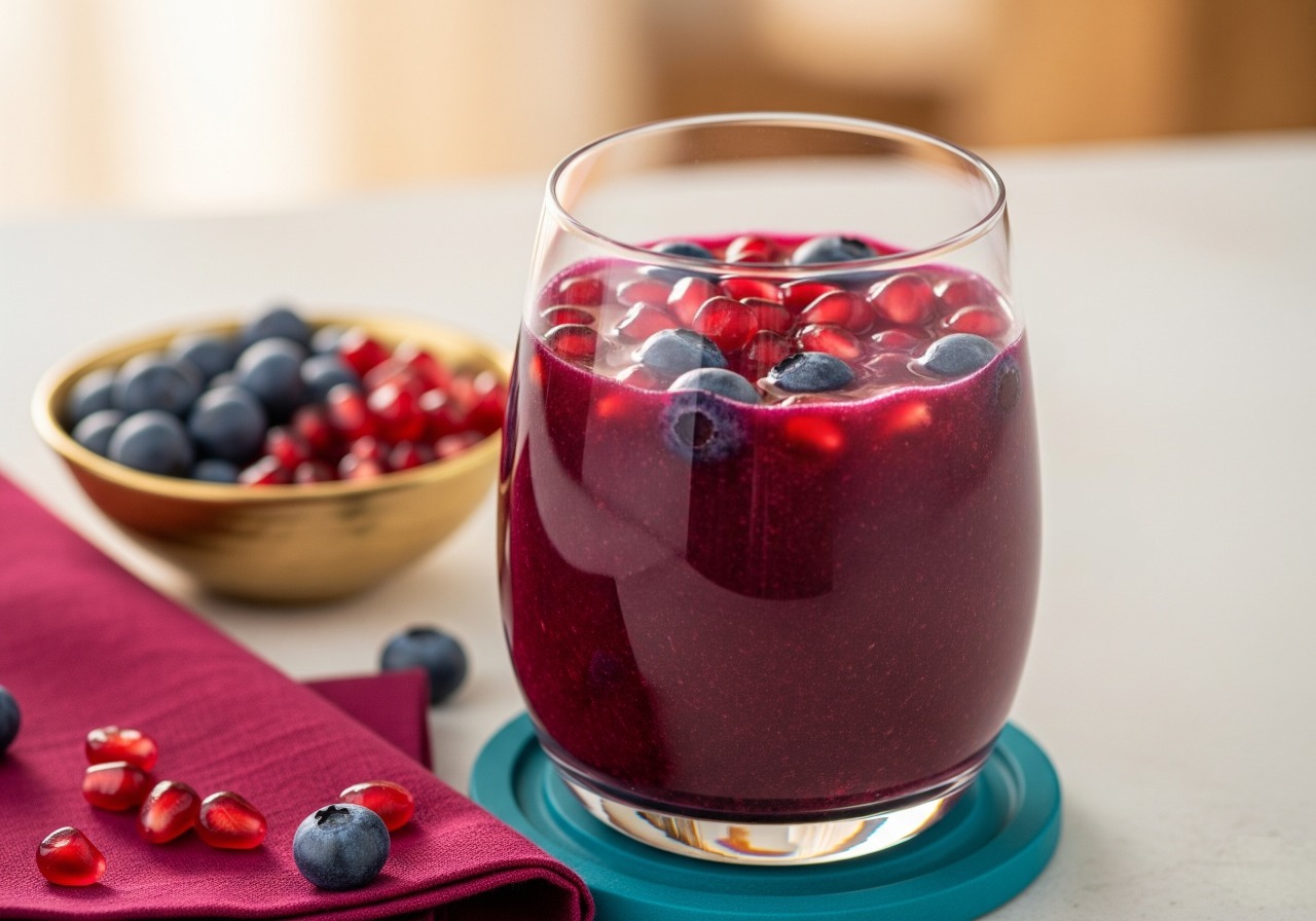 Vibrant purple pomegranate and blueberry juice.