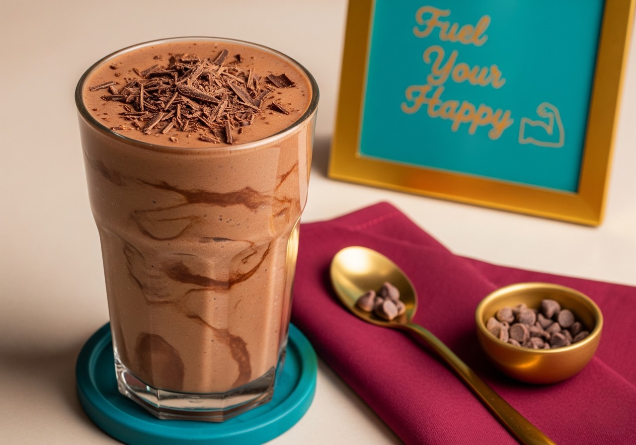 Rich brown cocoa peanut butter smoothie topped with chocolate shavings.