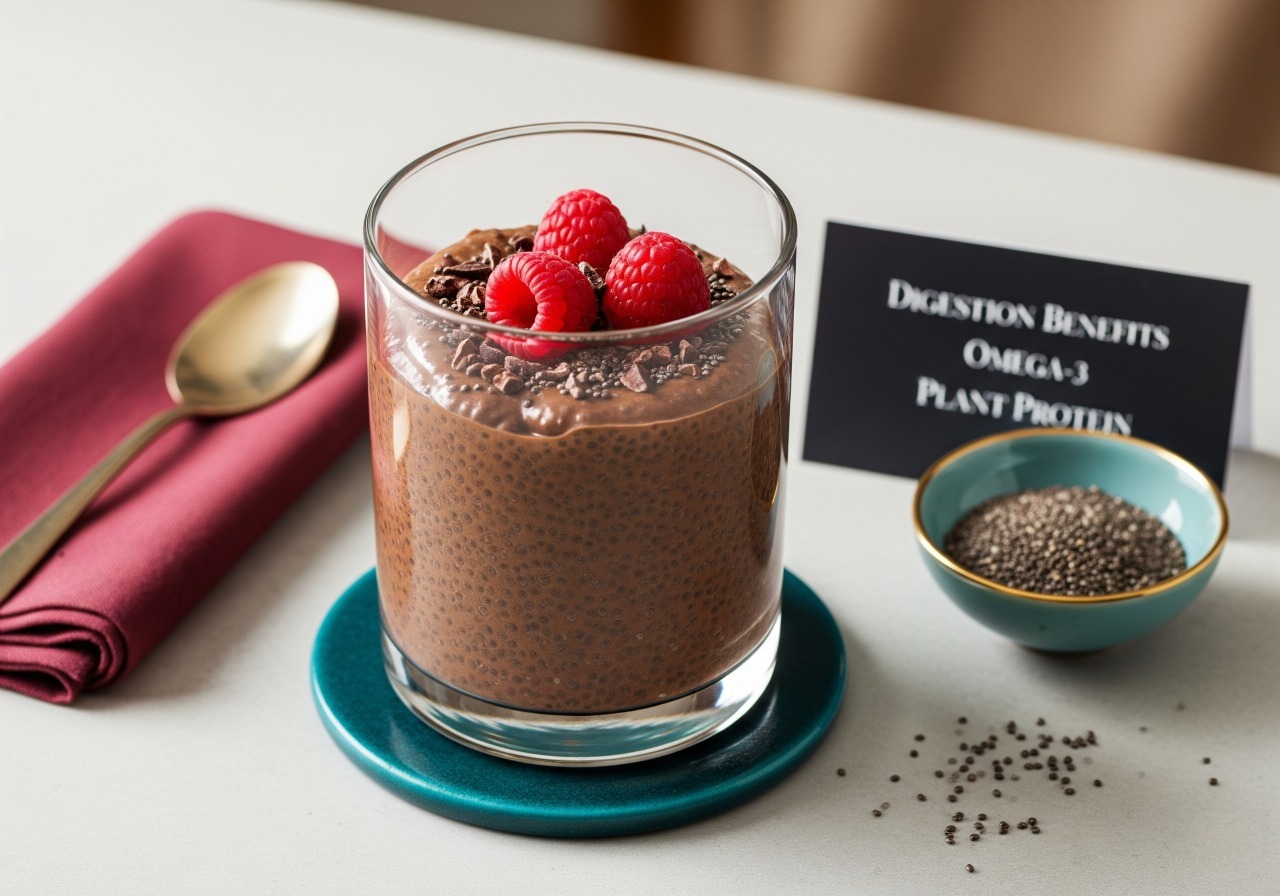 Chocolate chia pudding in a glass.