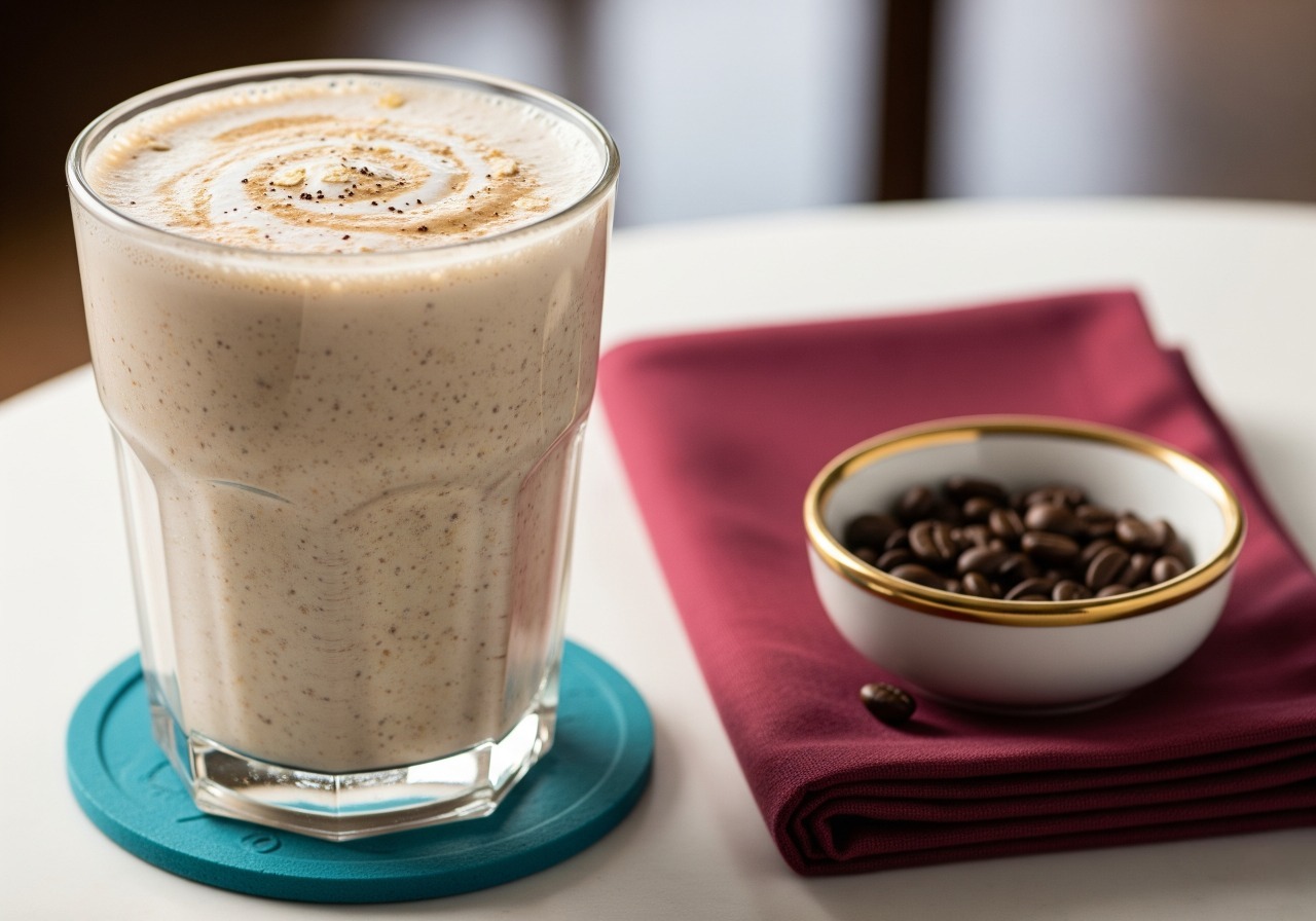 Coffee date oat shake in a glass.