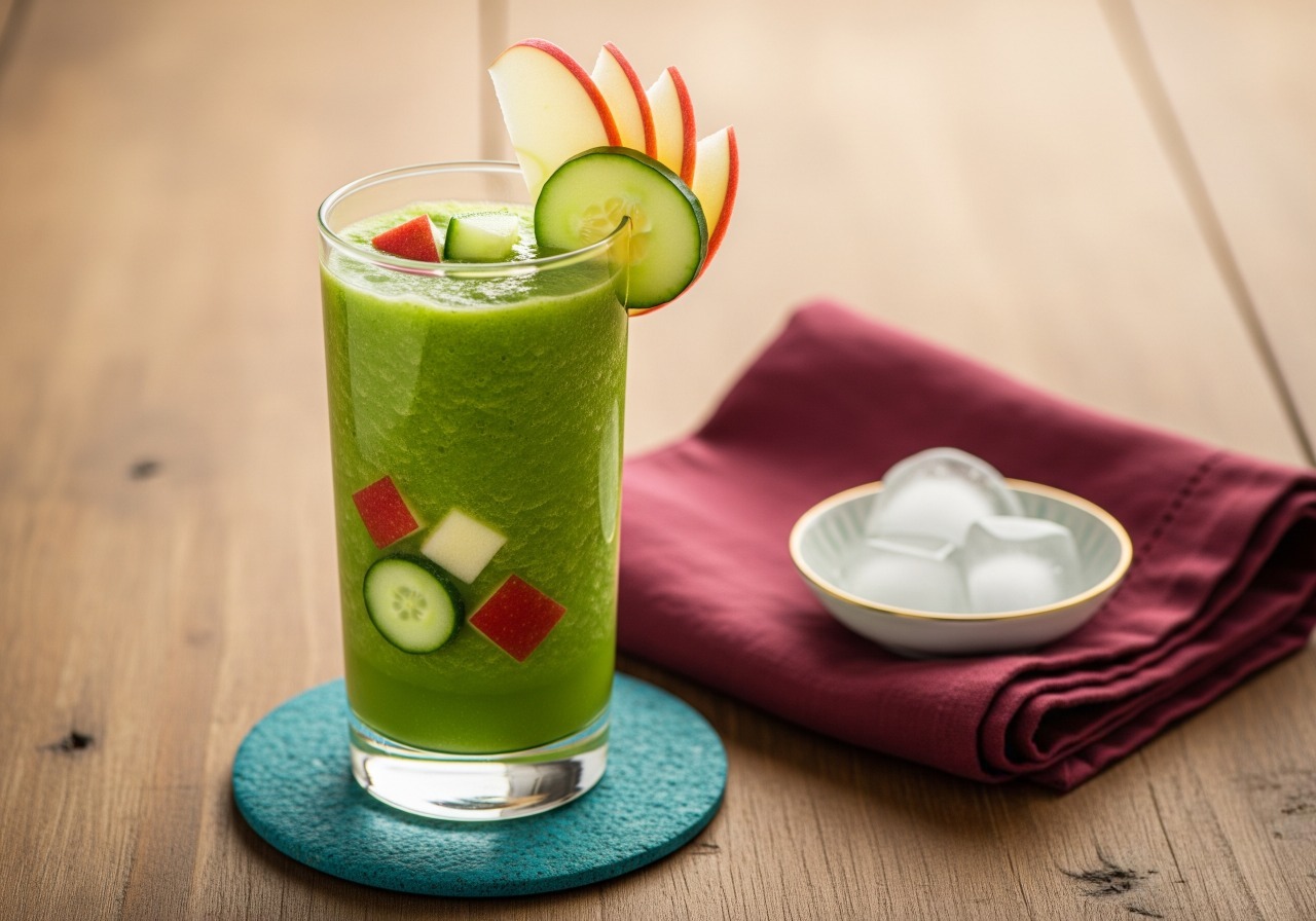Refreshing green cucumber apple smoothie in a tall glass with cucumber and apple slices.