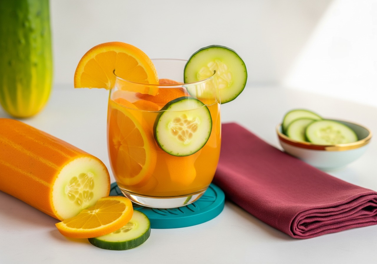 Bright orange cucumber and orange juice.