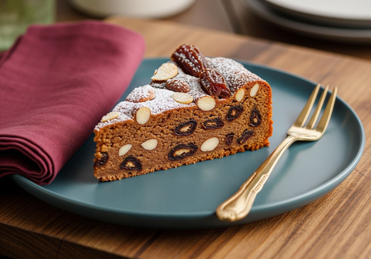 Slice of date almond torte.