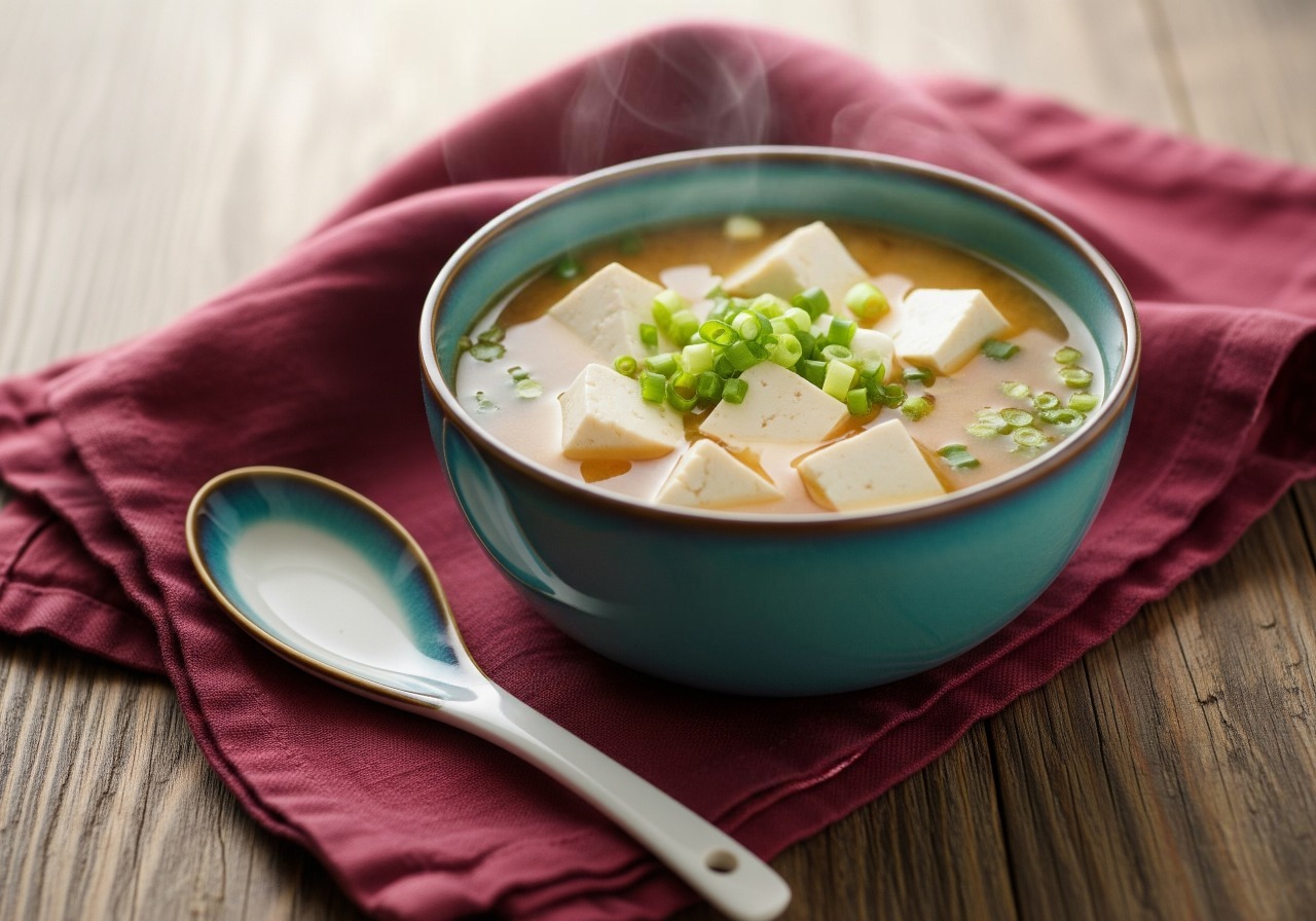 Miso tofu soup with green onions.