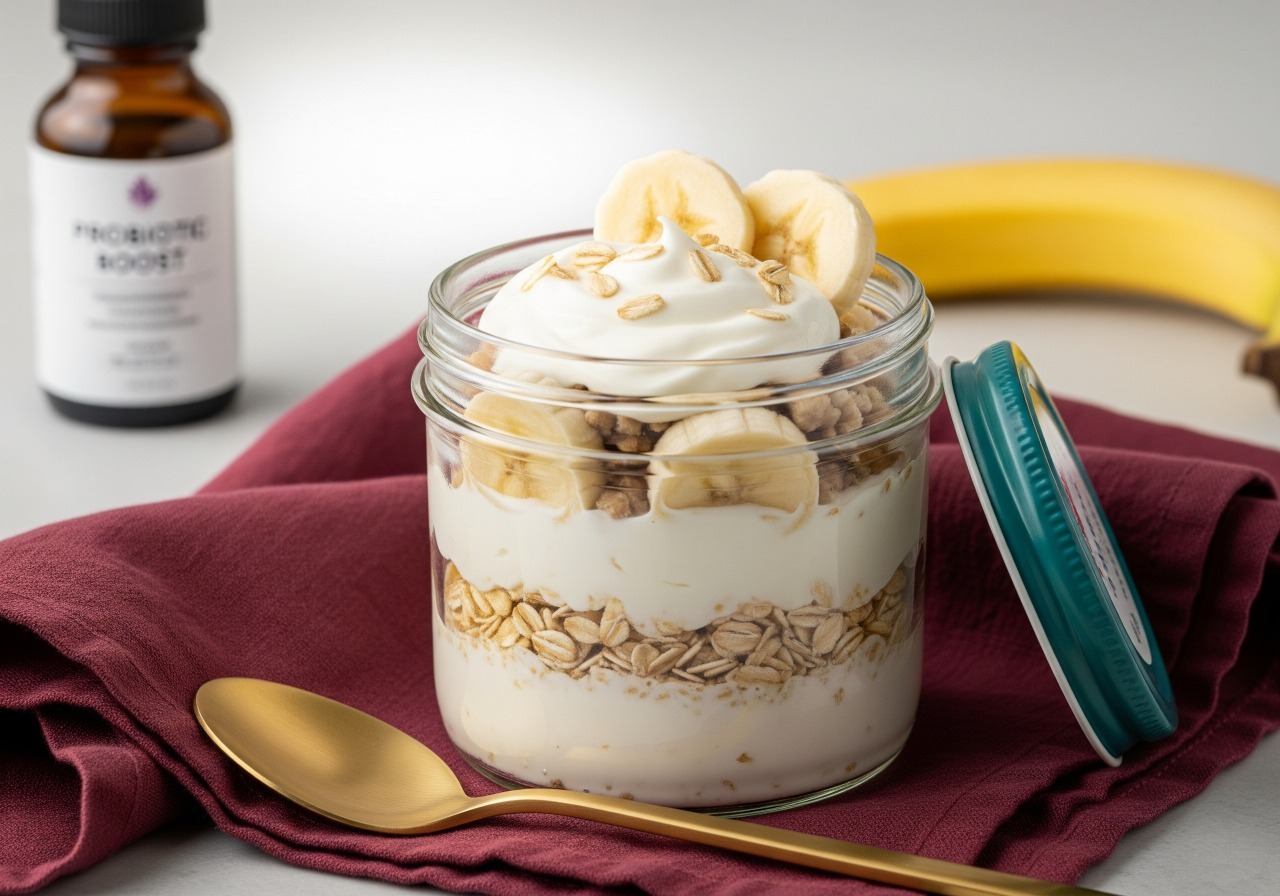Layered oat, banana, and yogurt jar.