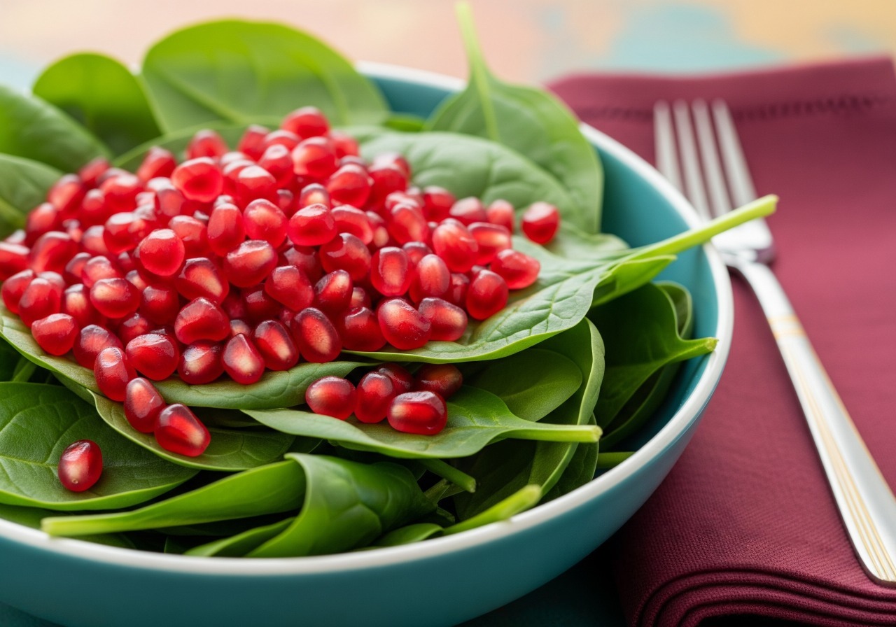 Vibrant pomegranate and spinach bowl.